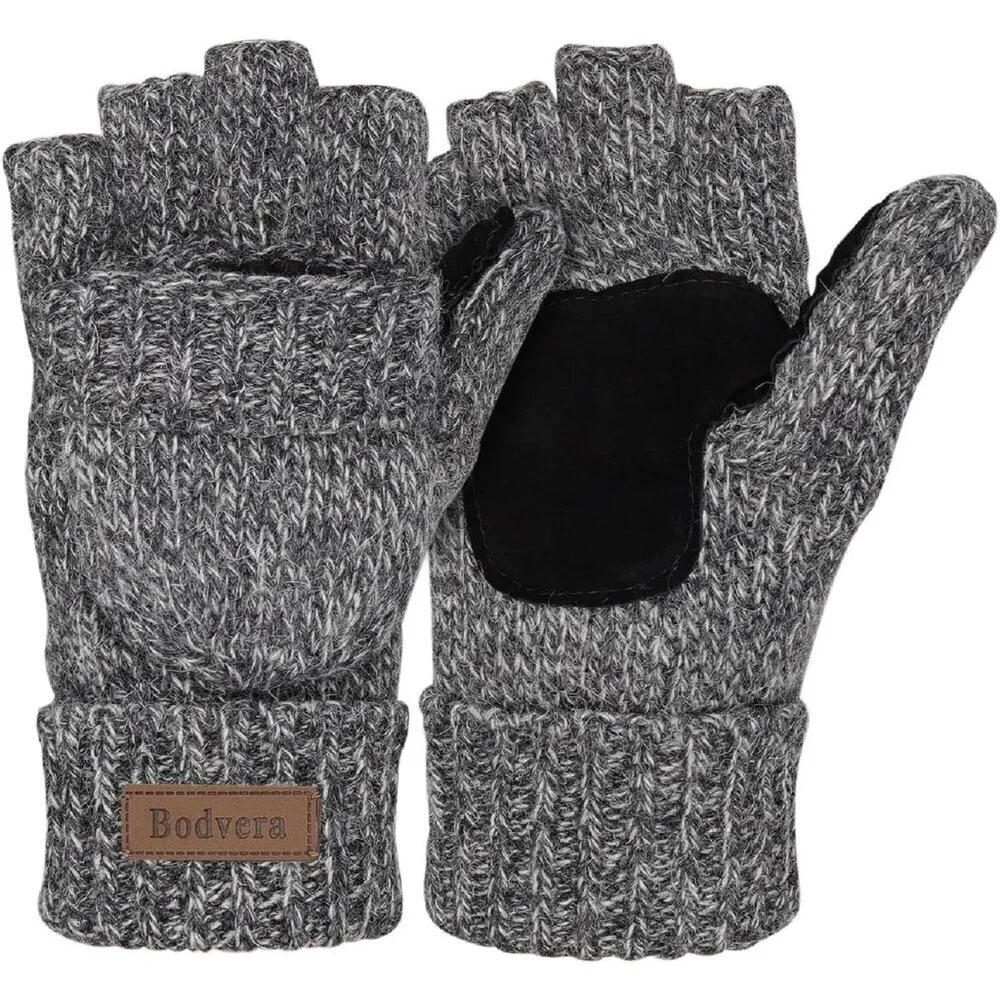 Women's Light Grey Winter Warm Thermal Insulation Fingerless Texting Wool Gloves